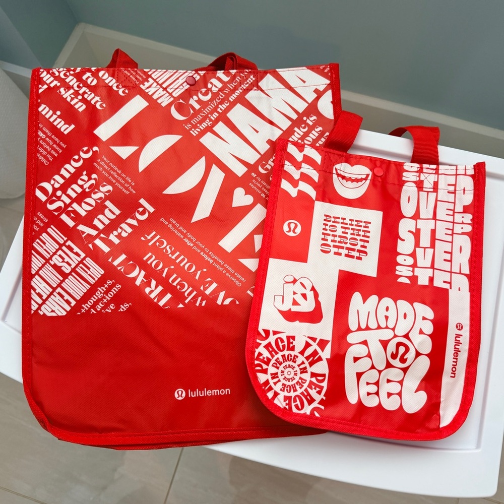 NWOT Lululemon Reusable Ref / White Slogan SMALL & LARGE Bag/Tote - Lot Of 2